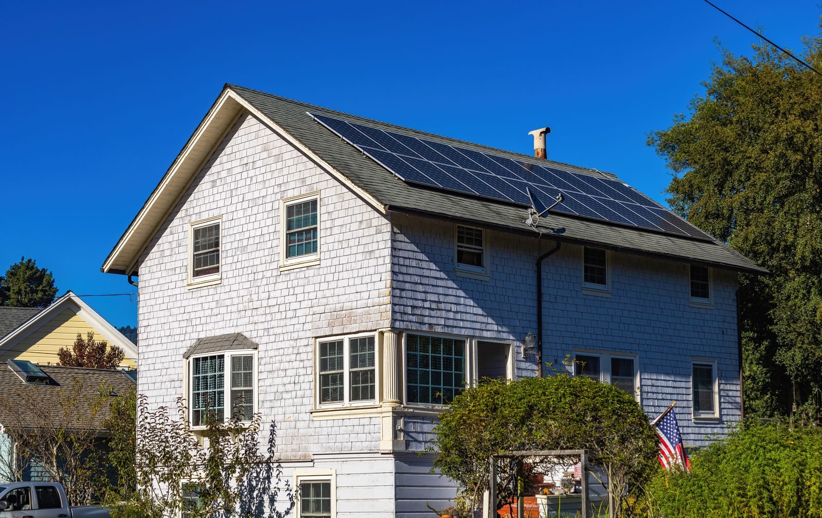 Solar panels on the roof of a family house